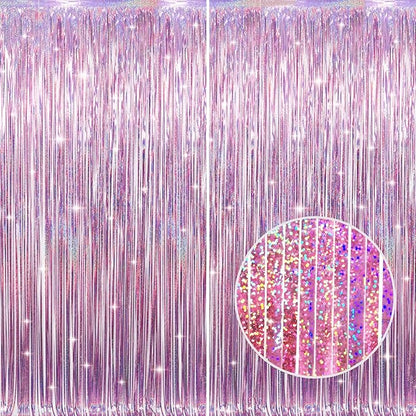 GOER 2 Pack 3.2 ft x 8.2 ft Metallic Tinsel Foil Fringe Curtains Party Photo Backdrop Party Streamers for Birthday,Graduation,New Year Eve Decorations Wedding Decor (Laser Pink)