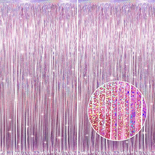 GOER 2 Pack 3.2 ft x 8.2 ft Metallic Tinsel Foil Fringe Curtains Party Photo Backdrop Party Streamers for Birthday,Graduation,New Year Eve Decorations Wedding Decor (Laser Pink)