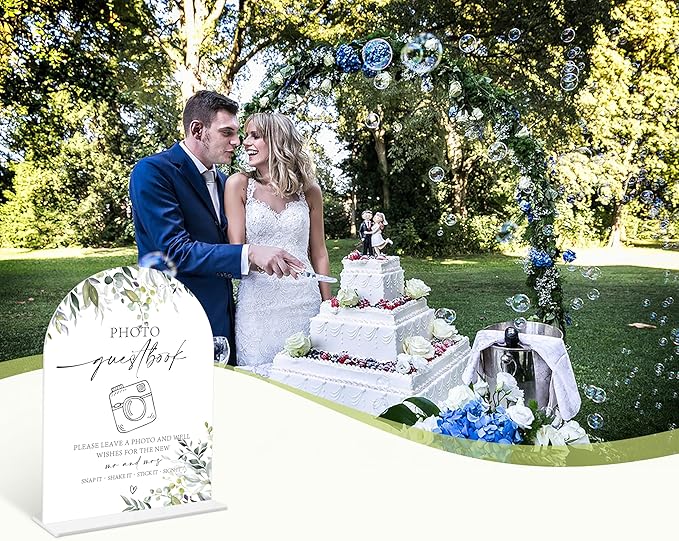 Greenery Photo Guestbook Sign, 6 x 8 Inch White Arch Acrylic Wedding Sign with Holder, Wedding Sign for Ceremony and Reception, Wedding Decoration, Wedding Supplies - LY06