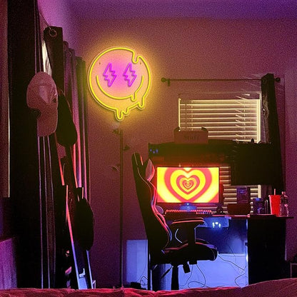 Melting Smile Face Neon Sign Dimmable Melted Smiling Face Neon Signs for Wall Decor Neon Smile Light Signs for Kids Room Party Bedroom Wall Art Decor USB Powered Holiday Gift