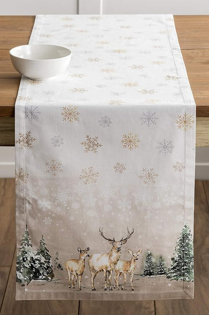 Maison d' Hermine Table Runner 100% Cotton Single Layer Table Runners 108 inches Long for Thanksgiving Christmas Decorations Home Kitchen Dining Party Wedding (Deer in The Woods, 14.5" x 108")