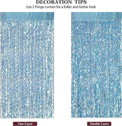 4 Pack Light Blue Party Foil Curtain - CYLMFC 3.3 ft x 6.6 ft Wavy Photo Booth Backdrop Metallic Tinsel Foil Fringe Curtains Environmental Background for Birthday Wedding Party Christmas Decorations