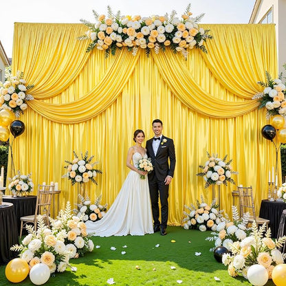 10x10 ft Yellow Gold Glitter Backdrop Curtain for Parties, Wrinkle Free Glitter Photo Backdrop Drapes 2 Panels 5x10FT Shimmer Back Drop Cloth for Wedding Birthday Stage Photography Background