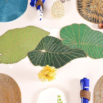 Luxury Beaded Table Runner - 13x36 Inches Handcrafted Leaf Pattern with Glass Beads & Polyester Back - Elegant Table Decor for Dining, Coffee Table & Events (Green) - CLEENTABLE