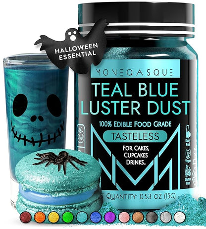 MONÉGASQUE Teal Blue Edible Glitter for Drinks 15g – Halloween Edible Glitter for Cakes & Cocktails – Cocktail, Cake, & Cupcake Luster Dust Spray – Teal Food Coloring & Drink Decorations Sprinkles
