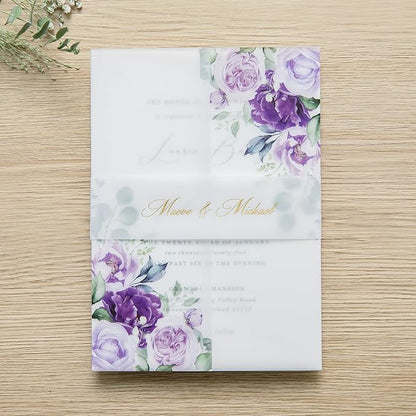 PONATIA 50 PCS Purple Vellum Jackets for 5x7 Invitation Cards- 135GSM Lilac Floral Printed Vellum Sleeves, Quinceanera Wedding Invitation Cards Wraps, Transparent Christmas Gift Cards Jackets