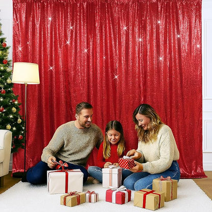 SquarePie Sequin Backdrop Less Transparent Background Sparkly Curtain for Wedding Party 7FT x 7FT Red