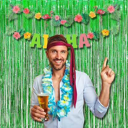 BRAVESHINE Green Metallic Tinsel Foil Fringe Curtains - 2 Pack 3.2 x 8.2 ft Metallic Photo Backdrop for Graduates-Theme/St Patricks Day/Hawaiian/Luau/Dinosaur/Jungle-Theme/Christmas Party Decorations
