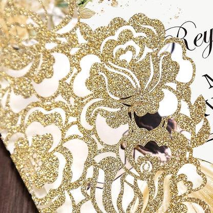 DORIS HOME 50pcs Laser Cut Quinceanera Invitations Gold Glitter, 4.7x7.1 Blank Quince Invitations for 15th Birthday, Invitation cards for Sweet 16 with Envelopes