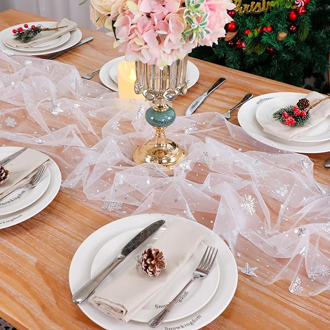 Snowkingdom 6 Pcs Christmas Snowflake Table Runners, 120 Inch Sheer Chiffon Gauze Cheesecloth, Silver Glitter Sequin Metallic Party Dining Table Decorations for Christmas Winter Holiday New Year