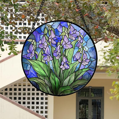Stained Glass Suncatcher, Blue Purple Flowers Green Leaves Sun Catcher Plants Stain Glass Window Hanging Decoration Mother's Day Birthday Gifts for Women Men Mom and Nana 7.8 in