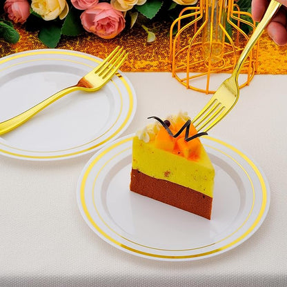120pcs Gold Dessert Plates with Forks for 60 Guests-60pcs 7.5" Small Plastic Dessert Plates and 60pcs 7.4" Forks-Disposable Cake/Appetizer/Salad Plate for Wedding,Birthday and Party