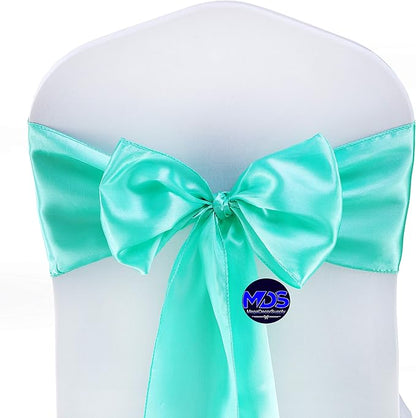 MDS Pack of 300 PCS Satin Chair Sashes Charmeuse Sateen Dining Chair Bows Ribbon Ties Back Sash for Wedding Party Birthday Home Hotel Restaurant Banquet Decoration (7 x 108 Inch, Sea Green)