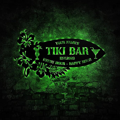 Personalized Tiki Bar Decor LED Tin Metal Sign Wall Art, Backyard Grill Pool Area Decorations, Poolside Tiki Bar Beach House Gifts