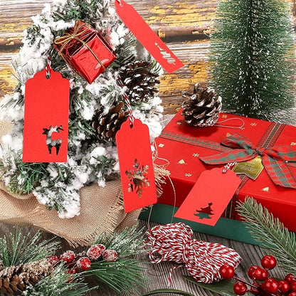 Aneco 150 Pieces Christmas Paper Gift Tags Red Kraft Tags Hang Labels Christmas Tree Snowflake Reindeer Design with 30 Meters Twine for Christmas DIY Wrapping Favor Holiday Present
