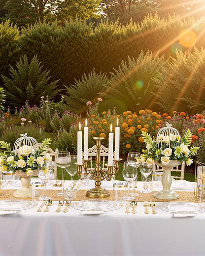 Nervure 350PCS Clear Gold Plastic Plates - Gold Plastic Dinnerware Sets for 50 Guests - 100 Disposable Plates, 150 Silverware, 50 Cups, 50 Napkins for Wedding & Party & Thanksgiving