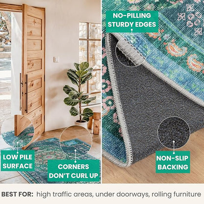 Bloom Rugs Washable Non-Slip 5' x 7' Rug - Green Traditional Medallion Area Rug for Living Room, Bedroom, Dining Room, and Kitchen - Exact Size: 5' x 7'