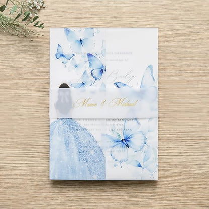 PONATIA 50 PCS Vellum Jackets for 5x7 Invitations - Vellum Paper 5x7 Jackets - 135GSM Blue Girl Butterfly Quinceanera Invitations Wraps - Transparent Cards