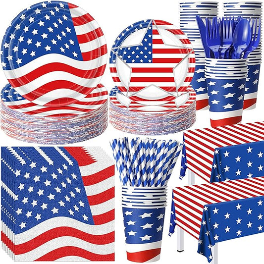 452 Pcs American Flag Party Supplies Veterans Day Decorations for 50 Guests, Patriotic Paper Plates Napkins Cups Tablecloth Cutlery Straws for USA 4th of July Party Supplies