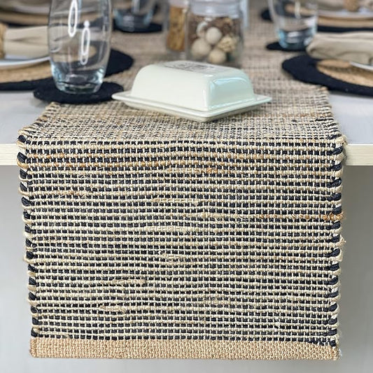 Chardin home Natural Jute Table Runner 13x72 Inch – Vintage Boho Rustic Table Decor – Handwoven Table Runner in Natural Jute and Black – Farmhouse Dining or Console Table Accent