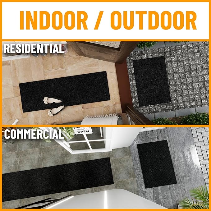 Ottomanson 2' x 25' Hallway Runner with Scraper Pile Extra Durable Non-Slip Rug Mat for Indoor & Outdoor Use - Ideal for Kitchen, Entryway, Patio & Garage - High-Traffic Carpet, Black