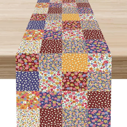 Patchwork Table Runner, Boho Vintage Floral Checkered Plaid Bohemian Paisley Flower Farmhouse Table Center Decor for Home Kitchen Dining Patio Holiday Party Indoor Table Decorations, 13"x36" Inch