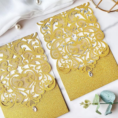 Hosmsua 50PCS Blank Wedding Invitation Cards 5 x 7.3 Inch Gold Laser Cut Hollow Heart Floral Invitation with Rhinestone pockets invitations for Engagement Quinceanera Invite (Gold Glitter)