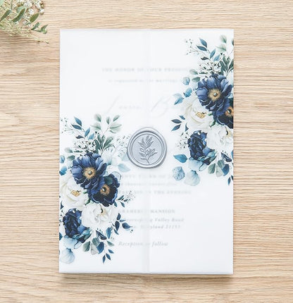 PONATIA 50PCS Vellum Jackets for 5x7 Invitation Cards- 135GSM Navy Blue Flowers Printed Wedding Invitations Wraps - Transparent Christmas Gift Cards