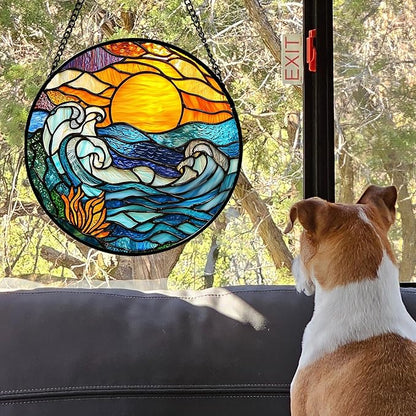 Stained Glass Window Hanging, Orange Sun Blue Sea Waves Landscape Suncatcher for Doors Window Home Sun Catchers Decor Mother's Day Birthday Gifts for Women, Men Mom 11.8 in