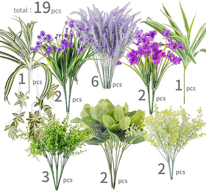 PARTY JOY 19 Bunches Fake Plants Outdoor, Fake Bushes UV Resistant Artificial Lavender Flowers Greenery Shrubs Faux Greenery for Outdoor Garden Patio Front Porch Yard Decor