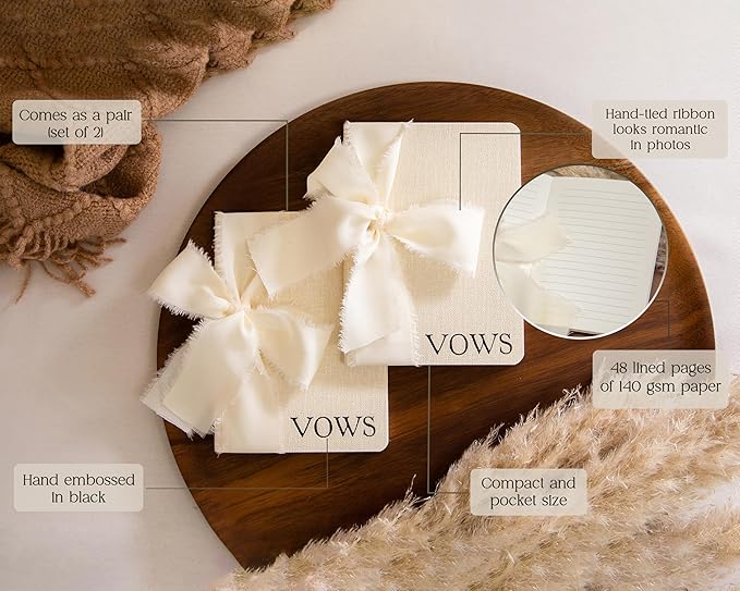 Cream Embossed Slim Vow Books w/Ribbon (Set of 2) - 5.625 x 4 Minimalist Pocket Sized Wedding Ceremony Vow Renewal Speech Notebook Journal