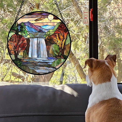 Stained Glass Window Hanging, Abstract Landscape Waterfall Mountains Trees Suncatcher for Doors Window Home Sun Catchers Decor Mother's Day Birthday Gifts for Women Men Mom 15 in