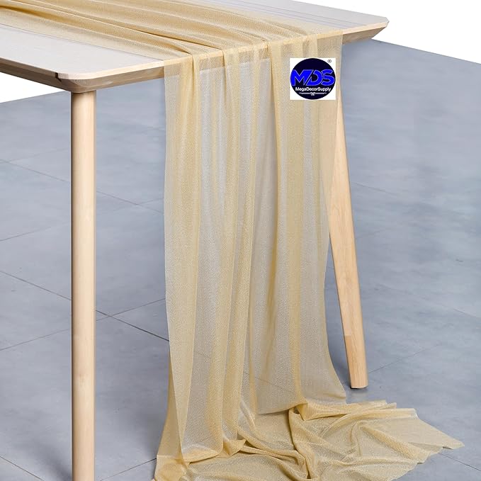 MDS 2 Pack 14ft Chiffon Table Runner 29 x 170 Inches Sheer Wedding Runner Romantic Rustic Table Runner for Wedding Decorations, Birthday Parties, Bridal Shower Party Arch Decor - Champagne Gold