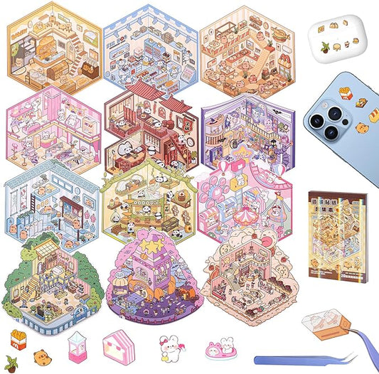 20 Sets 3D House Stickers with Metal Tweezers | DIY Miniature House Scenes Kit for Adults, Cute 3D Cartoon Scene Stickers | Therapy Craft, Relief Stress Pass The Time