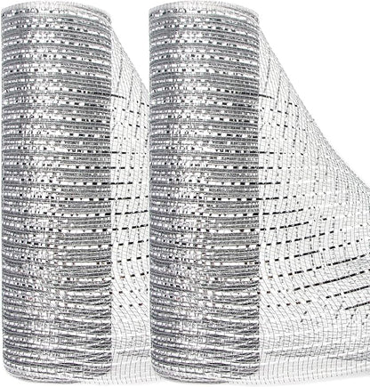 Ribbli 2 Rolls Silver Mesh Ribbon,10 inch x 30 feet(10Yard) Each Roll,Metallic Lt.Silver with Wide Silver Foil,Valentine's Day Ribbon for Wreath Swags and Decorating
