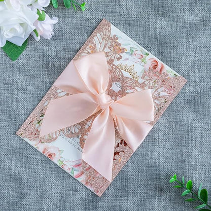 20 PCS 5.12x7.2 Butterfly Quinceanera Invitation, Laser Cut Wedding Invitation Cards with Envelopes for XV Anos Bridal Shower Baby Shower Invite (Rose Gold Glitter)