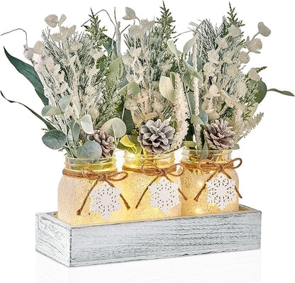 Winter Centerpieces for Tables, Table Decor with Mason Jar, Flowers Picks, Farmhouse Wood Tray, Snowflake Sign, Christmas Winter White Wonderland Table Decorations Centerpieces Indoor for Home