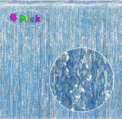 4 Pack Wavy Blue Tinsel Backdrop Streamers Party Decorations 3.3x6.6 Feet | Foil Fringe Curtain Ocean Themed | Blue Birthday Decorations