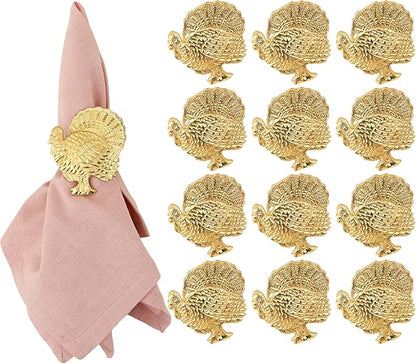Set of 12 Turkey Napkin Rings for Thanksgiving Table Decor | Premium Metal Dinnerware Holders | Fall Harvest, Christmas & Holiday Banquet Accessories (Gold) - ALPHA Living HOME