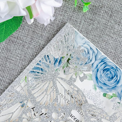 20 PCS 5.12x7.2 Butterfly Quinceanera Invitation, Laser Cut Wedding Invitation Cards with Envelopes for XV Anos Bridal Shower Baby Shower Invite (Silver Glitter)