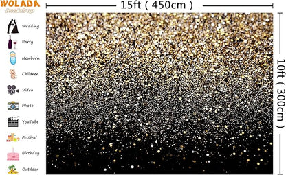 WOLADA Black and Gold Backdrop Golden Glitter Backdrop for Photography Wedding Birthday Baby Shower Party Photo Studio 15x10FT 11176