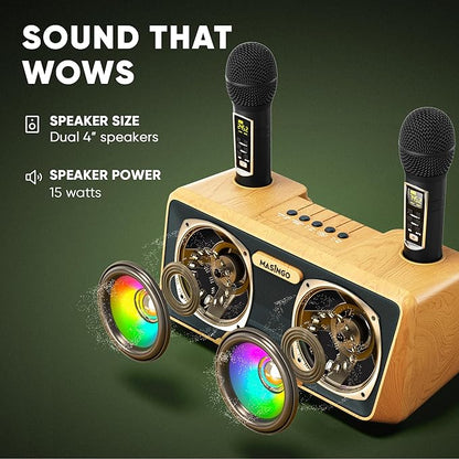 MASINGO Karaoke Machine for Adults and Kids with 2 Wireless Microphones, Portable Bluetooth Singing Speaker, Colorful LED Lights, PA System, Lyrics Display Phone Holder, and TV Cable. Presto G2 Wood