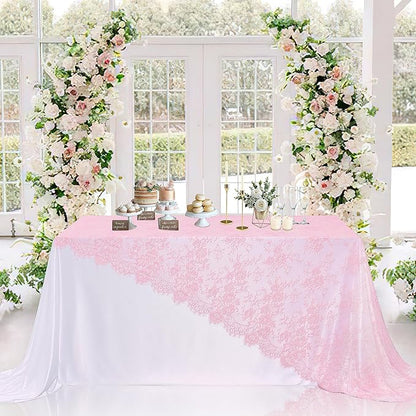 LuoluoHouse Pink Lace Tablecloth Table Fabric 6pcs 60x120 Inch for Vintage Boho Wedding Baby Shower Party Decoration Rectangle Overlay Long Vintage Embroidered Reception Table Cloth Decor