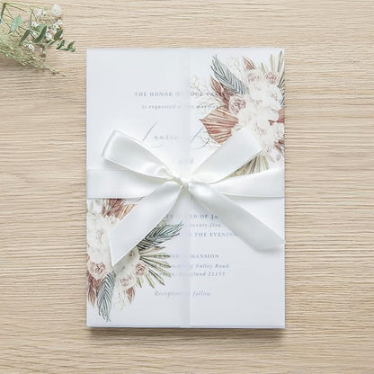 PONATIA 50PCS Vellum Jackets for 5x7 Invitation Cards- 135GSM Boho Flowers Vellum Sleeves Paper - Wedding Invitations Wraps - Transparent Card Jacket