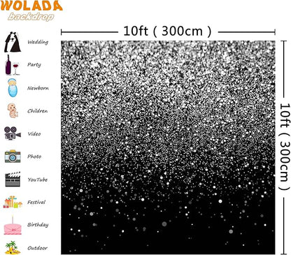 WOLADA Black and Silver Backdrop Silver Glitter Backdrop for Photography Wedding Birthday Baby Shower Party Photo Studio 10x10FT FW18