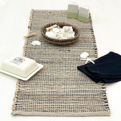 Chardin home Natural Jute Table Runner 13x48 Inch – Vintage Boho Rustic Table Decor – Handwoven Table Runner in Natural Jute and Black – Farmhouse Dining or Console Table Accent