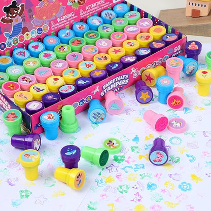 JOYIN 50 Pcs FairyTale's Themed Stamps for Kids - Self-Ink Stamps with 50 Designs for Birthday Party Favor, Carnival Prizes, Goodie Bag, Halloween, Christmas (Mermaid, Princess, Unicorn Stampers)