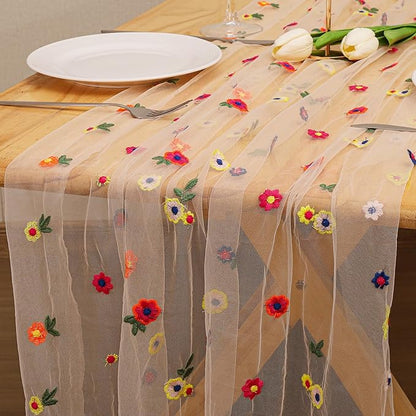 BINBE 6pcs Champagne Daisy Fall Table Runner Embroidery Gauze 10FT Florals Seasonal Tulle Holiday Birthday Kitchen Dining Table Decor for Home Party