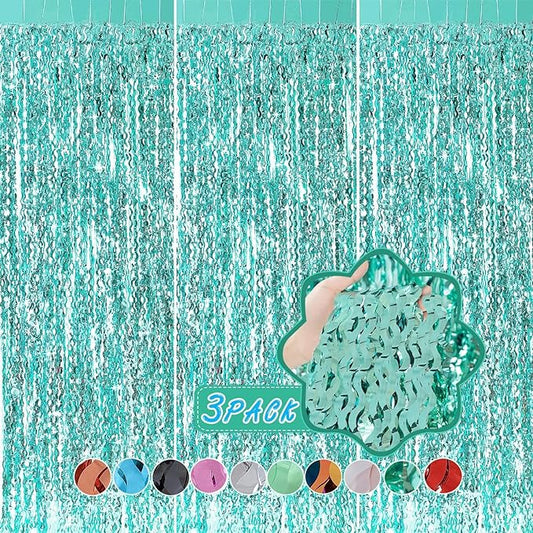 3 Pack Teal Aqua Blue Wave Foil Curtains - 3.3 ft x 6.6 ft Tinsel Metallic Streamers for Photo Booth Birthday Wedding Girl Princess Bachelorette Euphoria Theme Party Decorations