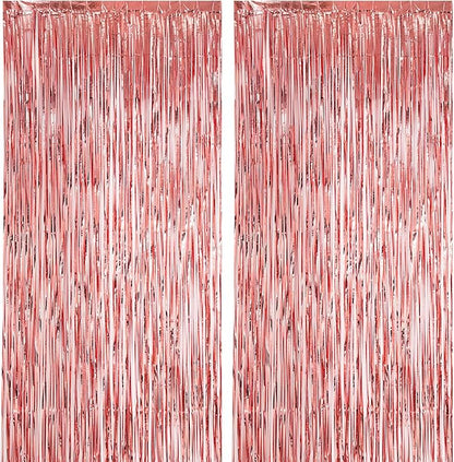 2 Pack Rose Gold Foil Fringe Backdrop Curtains, Tinsel Streamers Birthday Party Decorations, Fringe Backdrop for Graduation, Baby Shower, Gender Reveal, Disco Party